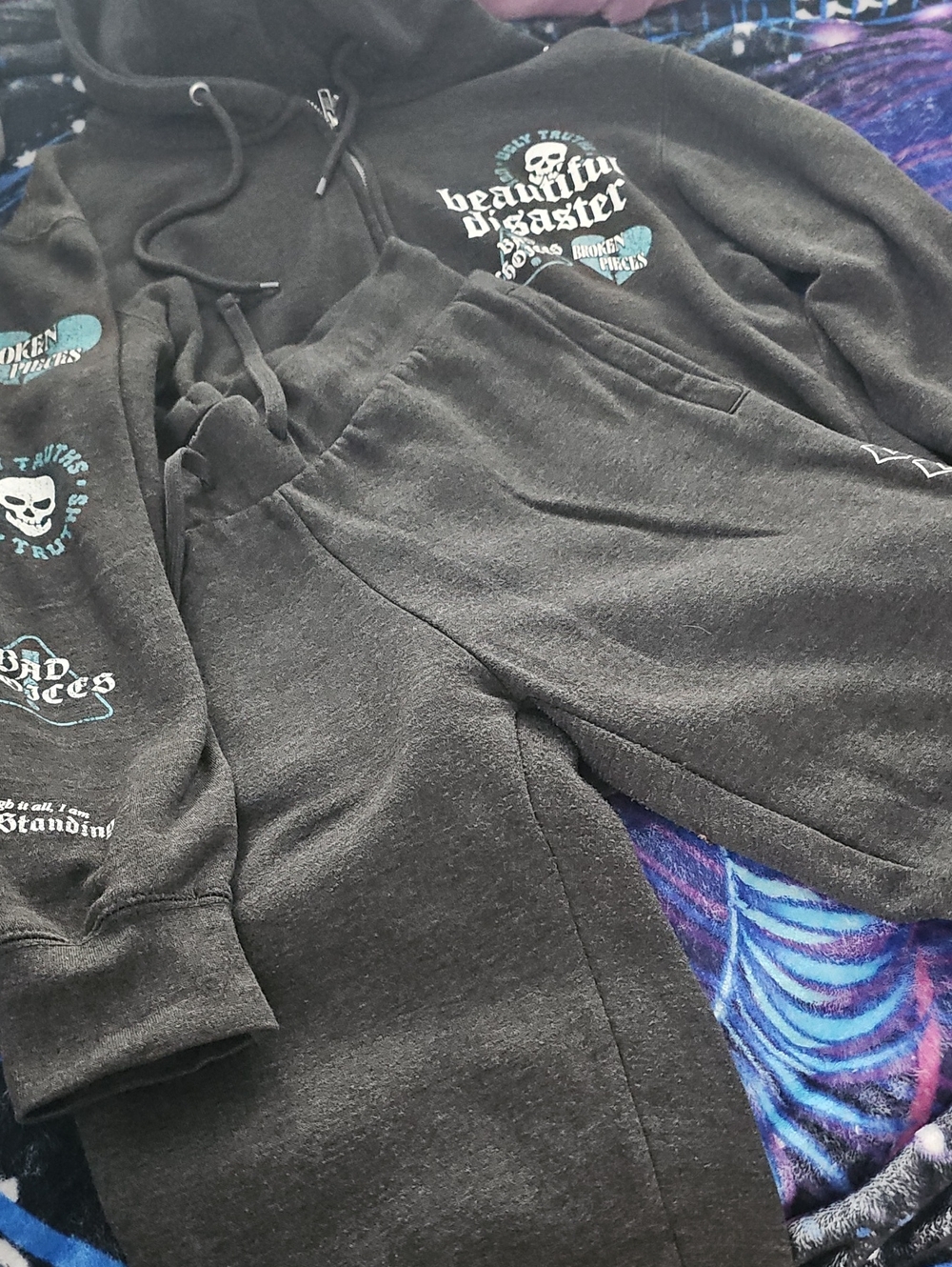 Womens Beautiful Disaster Dark Gray Graphic Jogger Sweatpants